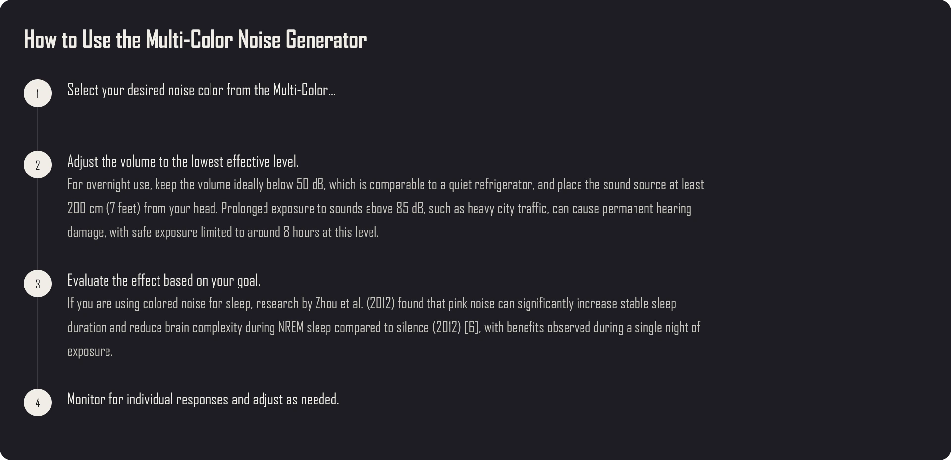 Safe use protocol for colored noise, recommended volume, duration, and guidelines