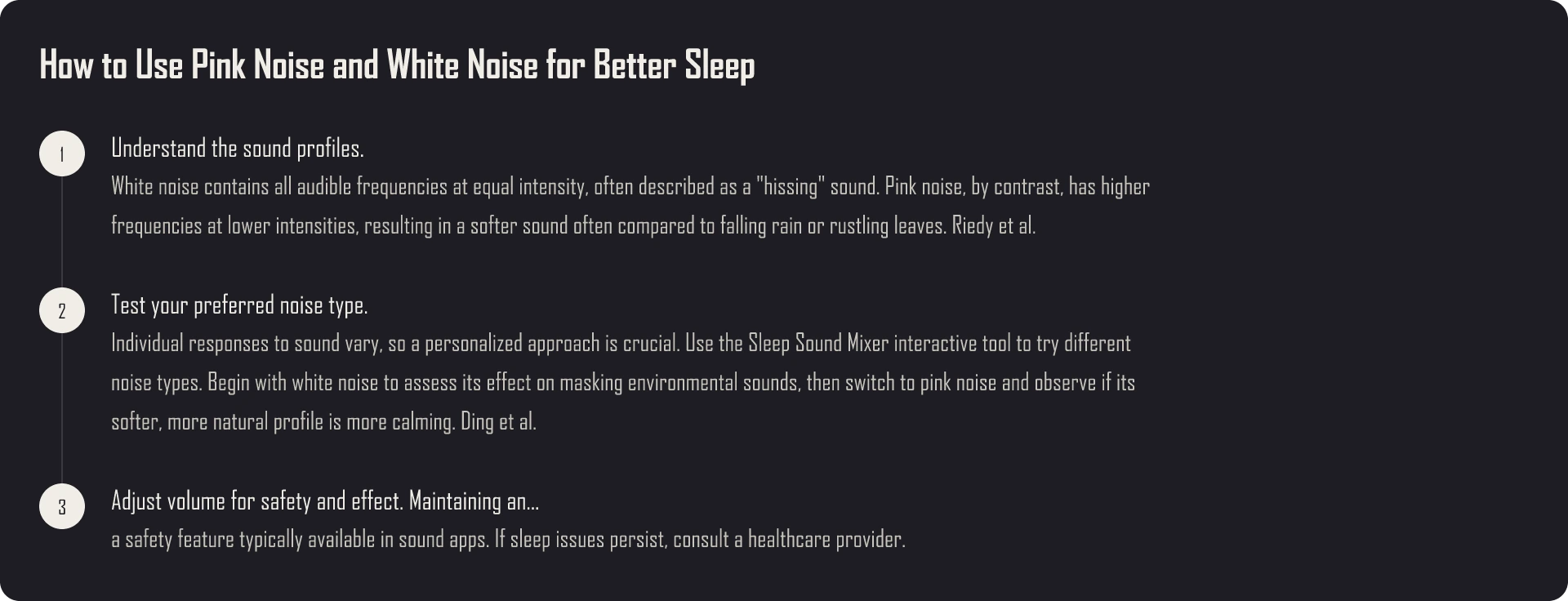 Safe use protocol for pink noise vs white noise for sleep, recommended volume, duration, and guidelines
